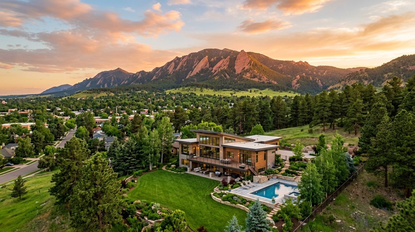 Aerial view of a modern Boulder home and yard