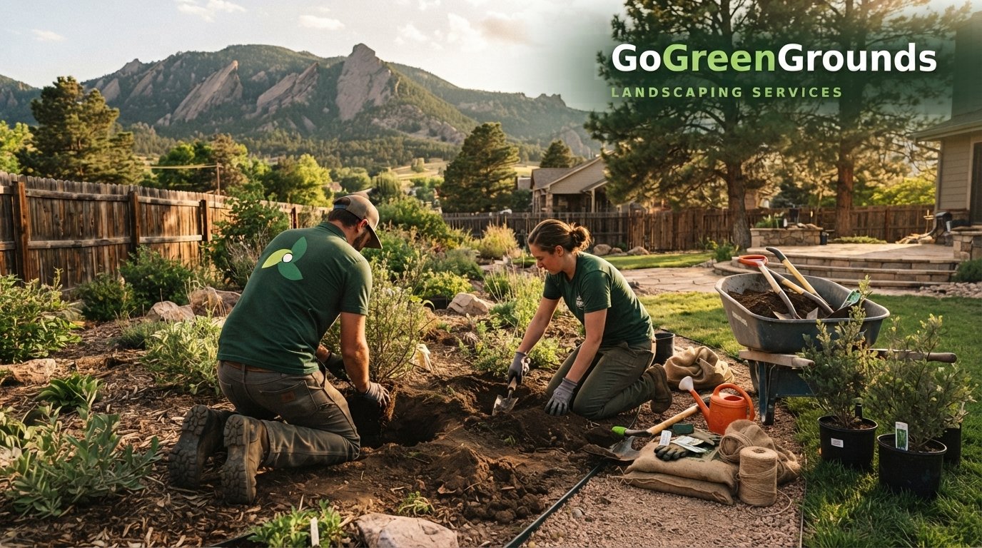 Landscapers planting shrubs in Boulder